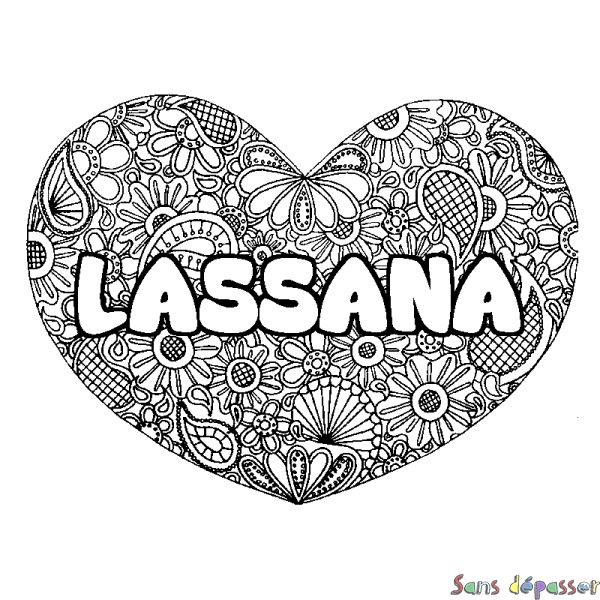 Coloriage pr&eacute;nom LASSANA - d&eacute;cor Mandala coeur