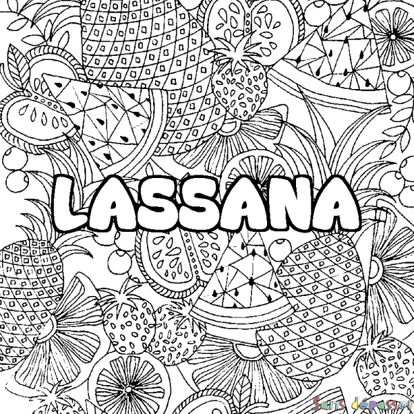 Coloriage prénom LASSANA - d&eacute;cor Mandala fruits