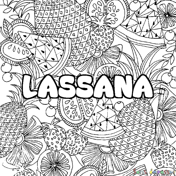 Coloriage pr&eacute;nom LASSANA - d&eacute;cor Mandala fruits
