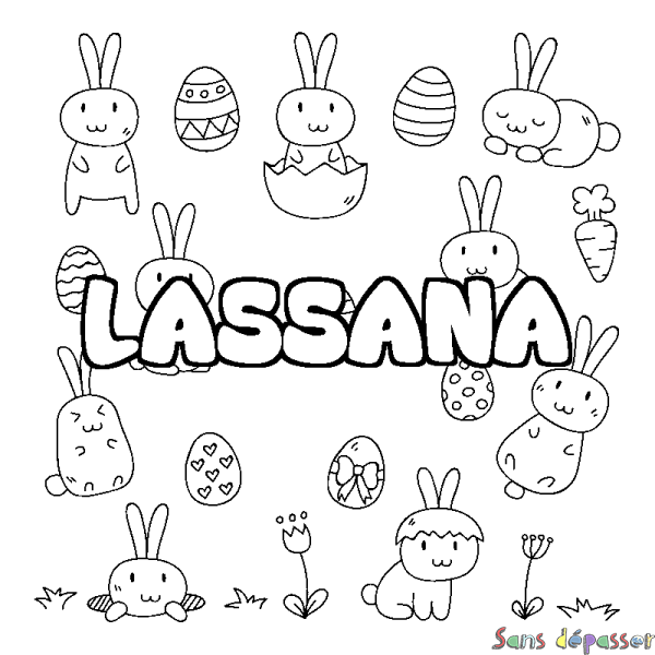 Coloriage pr&eacute;nom LASSANA - d&eacute;cor Paques