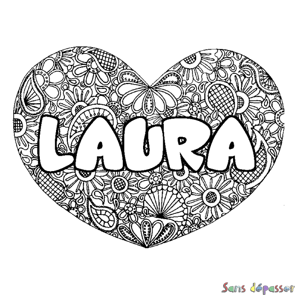 Coloriage pr&eacute;nom LAURA - d&eacute;cor Mandala coeur