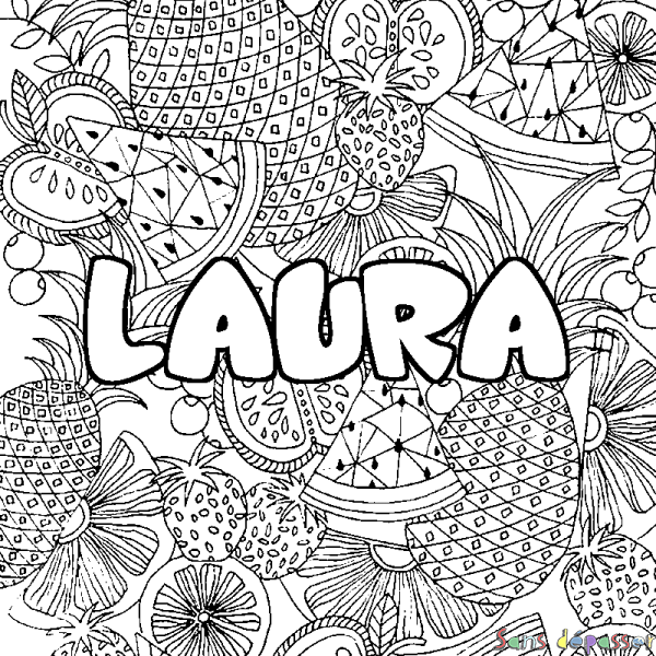 Coloriage pr&eacute;nom LAURA - d&eacute;cor Mandala fruits