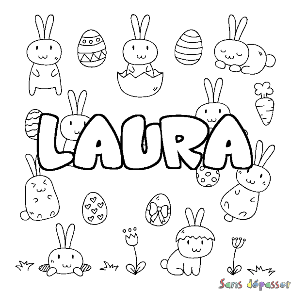 Coloriage pr&eacute;nom LAURA - d&eacute;cor Paques