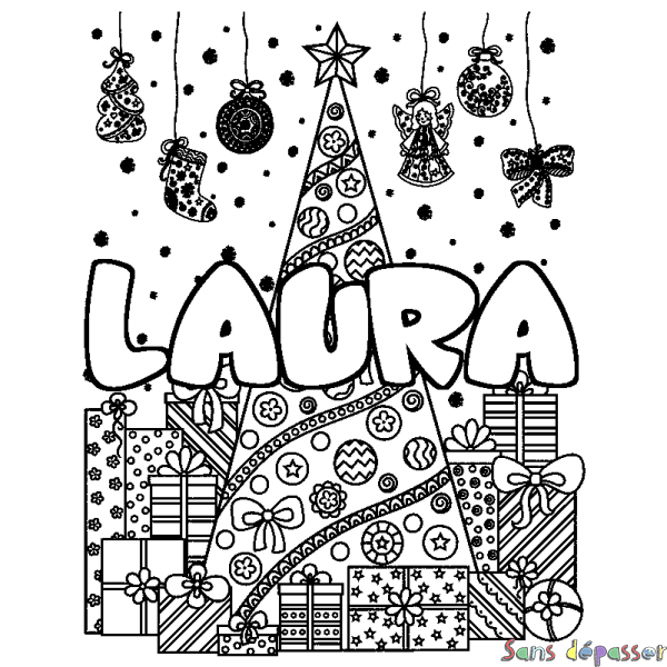 Coloriage pr&eacute;nom LAURA - d&eacute;cor Sapin et Cadeaux