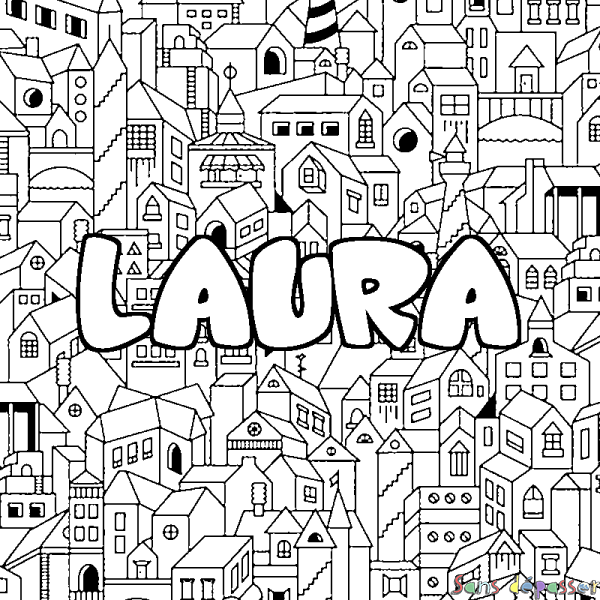 Coloriage pr&eacute;nom LAURA - d&eacute;cor Ville
