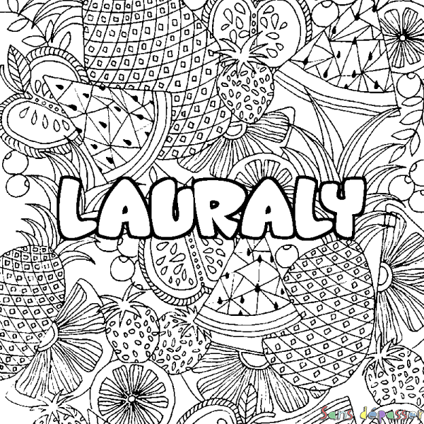 Coloriage pr&eacute;nom LAURALY - d&eacute;cor Mandala fruits