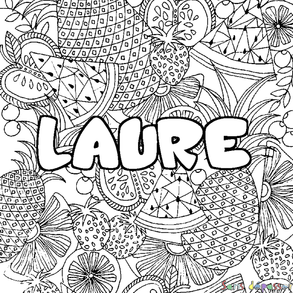Coloriage pr&eacute;nom LAURE - d&eacute;cor Mandala fruits