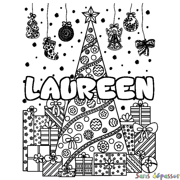 Coloriage pr&eacute;nom LAUREEN - d&eacute;cor Sapin et Cadeaux