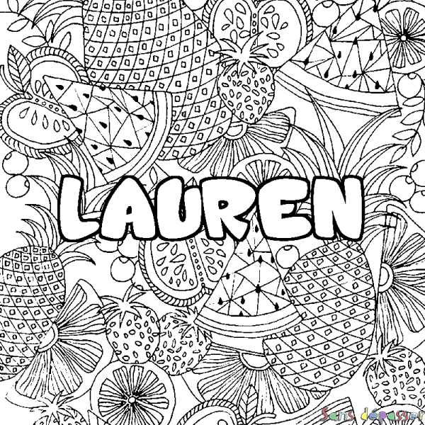 Coloriage pr&eacute;nom LAUREN - d&eacute;cor Mandala fruits