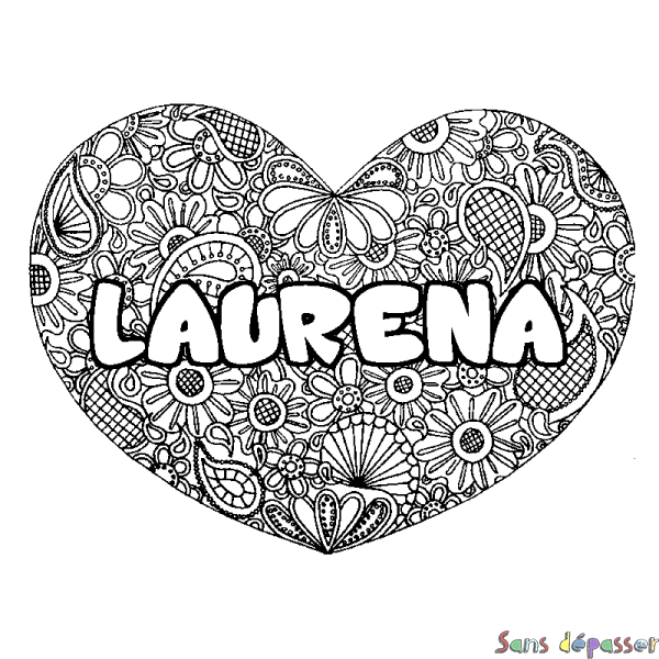 Coloriage pr&eacute;nom LAURENA - d&eacute;cor Mandala coeur