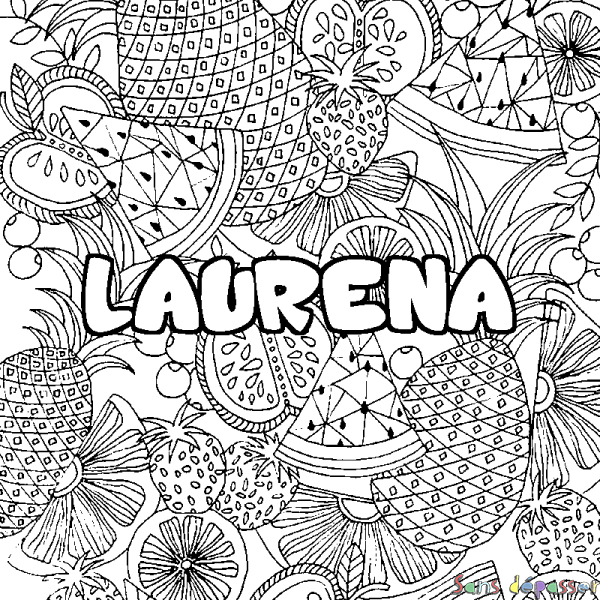 Coloriage pr&eacute;nom LAURENA - d&eacute;cor Mandala fruits