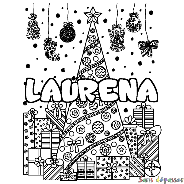 Coloriage pr&eacute;nom LAURENA - d&eacute;cor Sapin et Cadeaux
