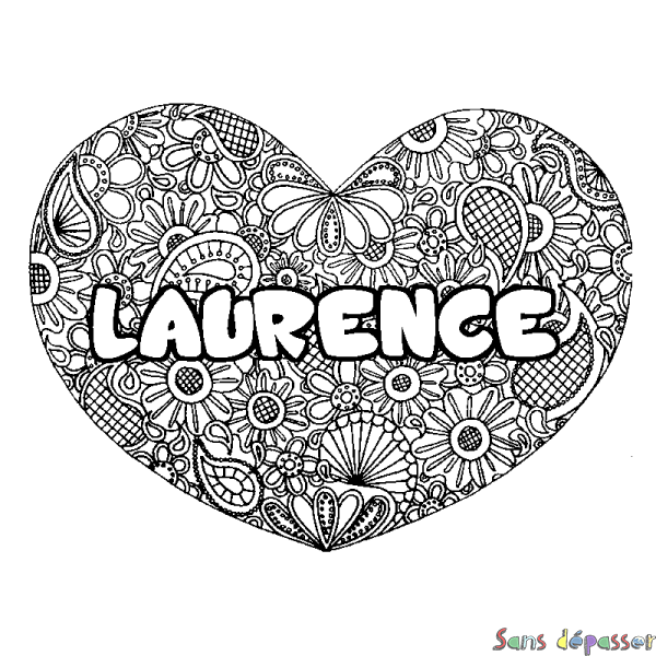 Coloriage pr&eacute;nom LAURENCE - d&eacute;cor Mandala coeur