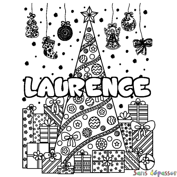 Coloriage pr&eacute;nom LAURENCE - d&eacute;cor Sapin et Cadeaux