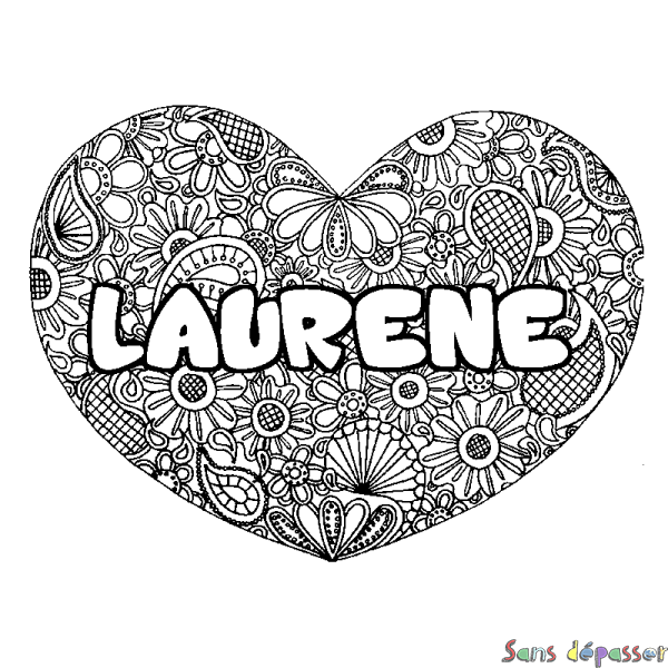 Coloriage pr&eacute;nom LAURENE - d&eacute;cor Mandala coeur