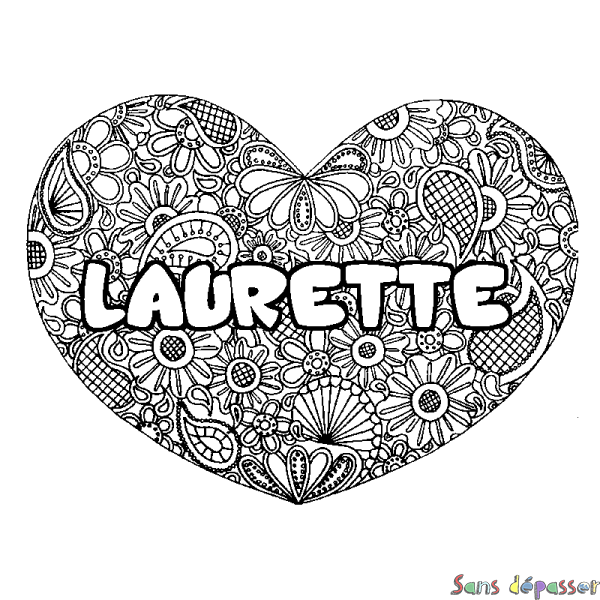 Coloriage prénom LAURETTE - d&eacute;cor Mandala coeur