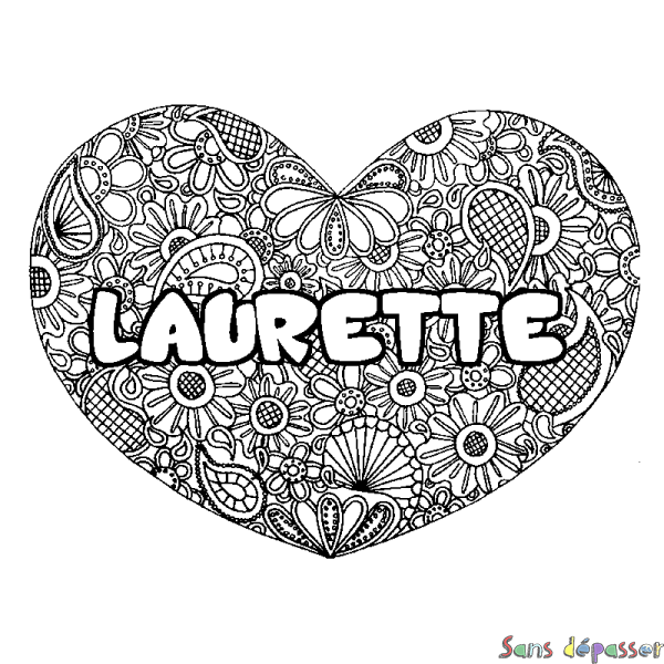 Coloriage pr&eacute;nom LAURETTE - d&eacute;cor Mandala coeur