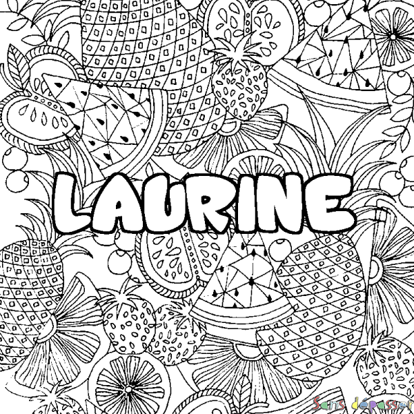 Coloriage pr&eacute;nom LAURINE - d&eacute;cor Mandala fruits