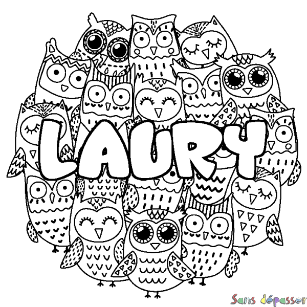 Coloriage pr&eacute;nom LAURY - d&eacute;cor Chouettes