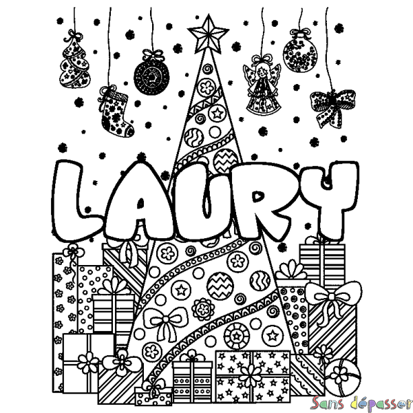 Coloriage prénom LAURY - d&eacute;cor Sapin et Cadeaux