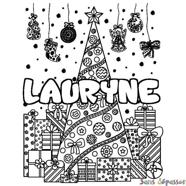 Coloriage prénom LAURYNE - d&eacute;cor Sapin et Cadeaux