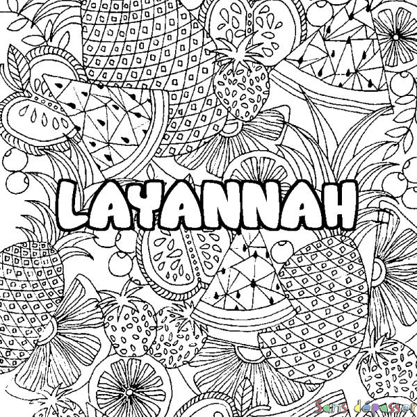 Coloriage pr&eacute;nom LAYANNAH - d&eacute;cor Mandala fruits