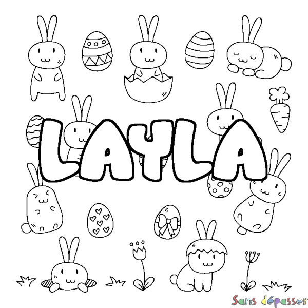 Coloriage pr&eacute;nom LAYLA - d&eacute;cor Paques