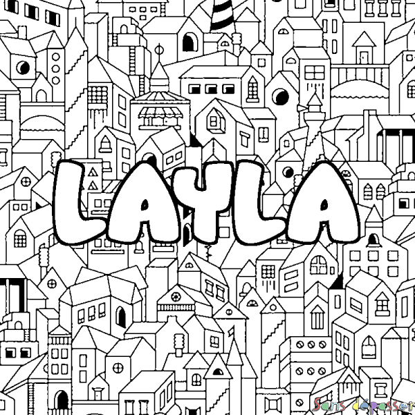 Coloriage pr&eacute;nom LAYLA - d&eacute;cor Ville