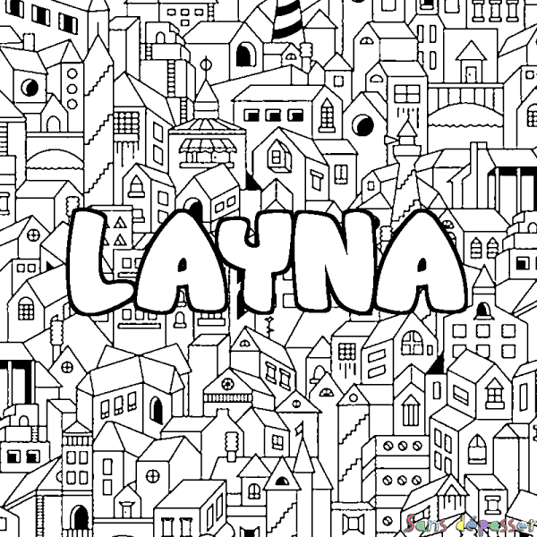 Coloriage pr&eacute;nom LAYNA - d&eacute;cor Ville
