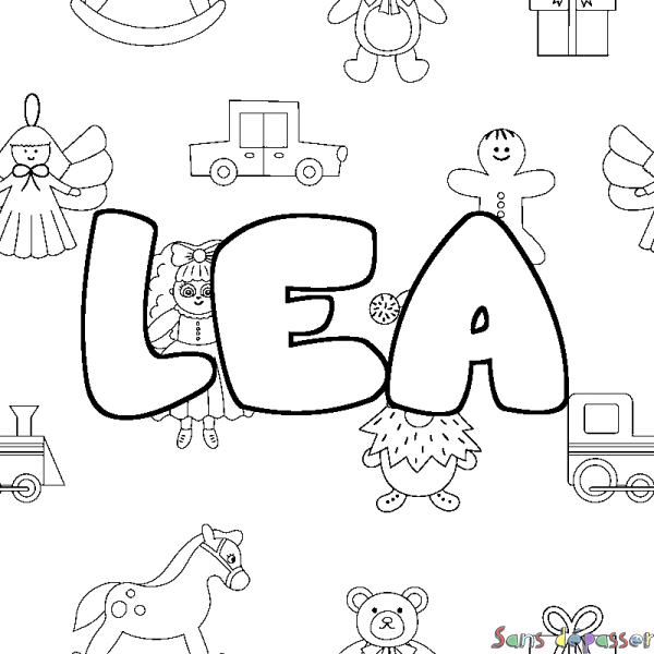 Coloriage pr&eacute;nom LEA - d&eacute;cor Jouets