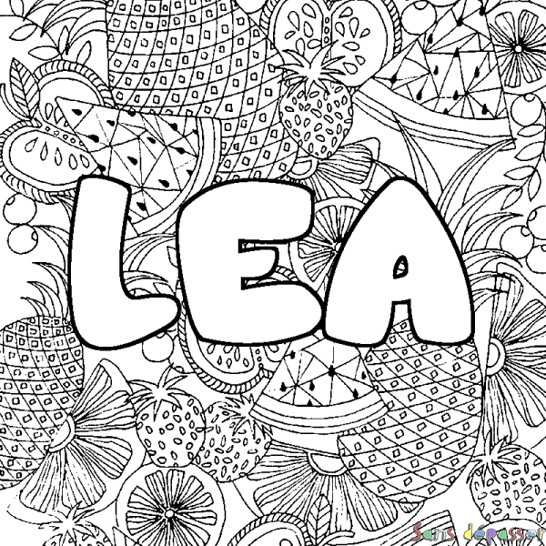 Coloriage pr&eacute;nom LEA - d&eacute;cor Mandala fruits