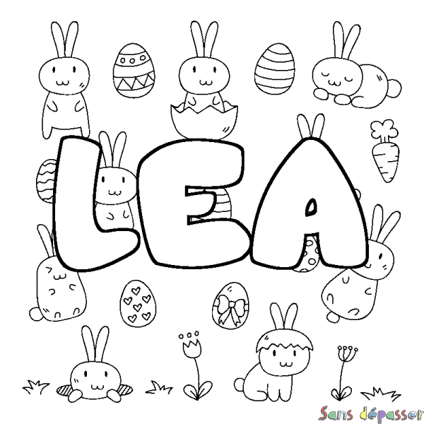 Coloriage pr&eacute;nom LEA - d&eacute;cor Paques