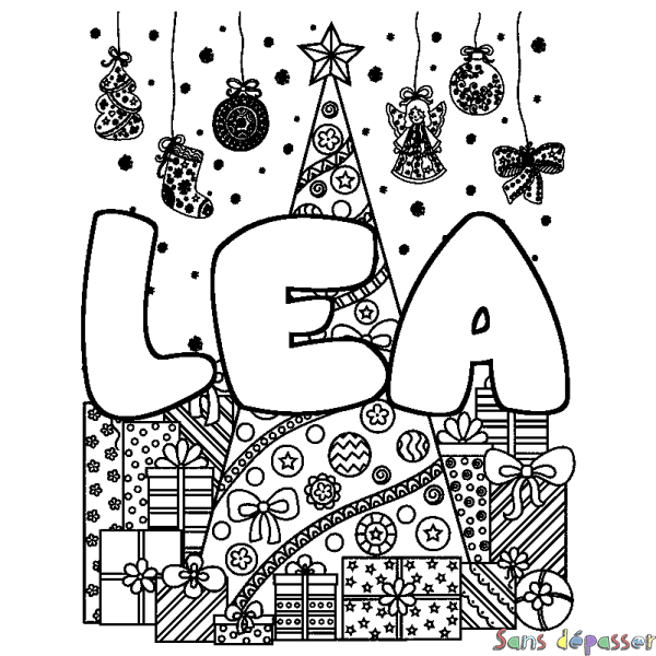Coloriage pr&eacute;nom LEA - d&eacute;cor Sapin et Cadeaux