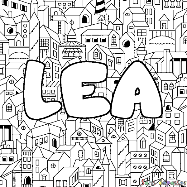Coloriage pr&eacute;nom LEA - d&eacute;cor Ville