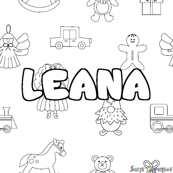 Coloriage pr&eacute;nom LEANA - d&eacute;cor Jouets