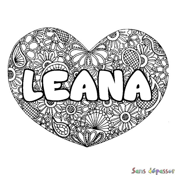 Coloriage pr&eacute;nom LEANA - d&eacute;cor Mandala coeur