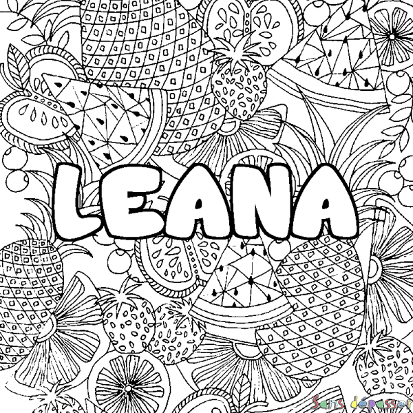 Coloriage pr&eacute;nom LEANA - d&eacute;cor Mandala fruits