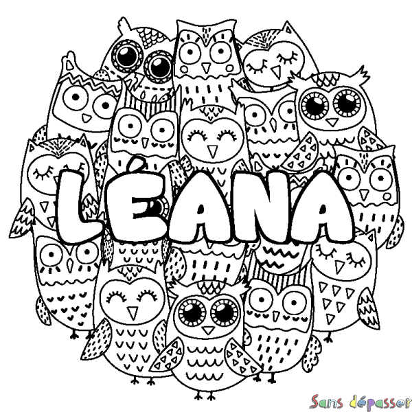 Coloriage pr&eacute;nom L&Eacute;ANA - d&eacute;cor Chouettes