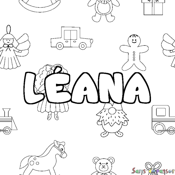 Coloriage pr&eacute;nom L&Eacute;ANA - d&eacute;cor Jouets
