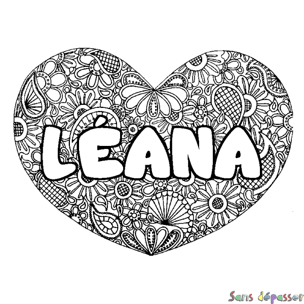 Coloriage pr&eacute;nom L&Eacute;ANA - d&eacute;cor Mandala coeur