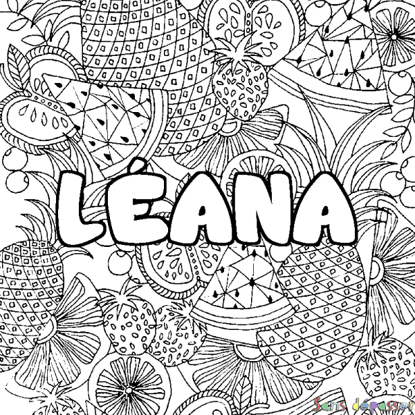 Coloriage pr&eacute;nom L&Eacute;ANA - d&eacute;cor Mandala fruits