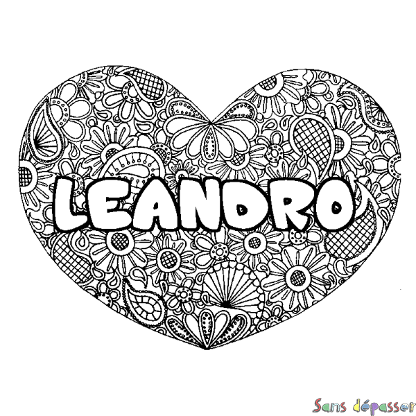 Coloriage pr&eacute;nom LEANDRO - d&eacute;cor Mandala coeur
