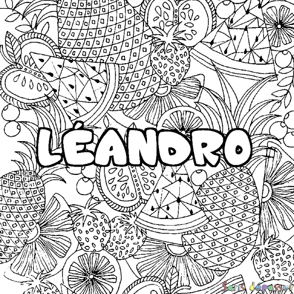 Coloriage pr&eacute;nom L&Eacute;ANDRO - d&eacute;cor Mandala fruits