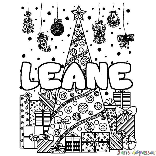 Coloriage pr&eacute;nom LEANE - d&eacute;cor Sapin et Cadeaux