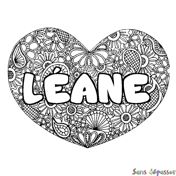 Coloriage pr&eacute;nom L&Eacute;ANE - d&eacute;cor Mandala coeur