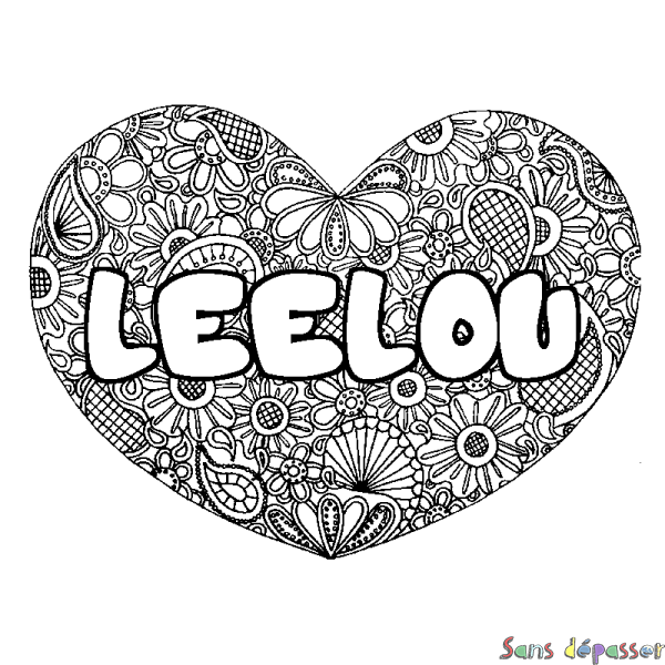 Coloriage prénom LEELOU - d&eacute;cor Mandala coeur