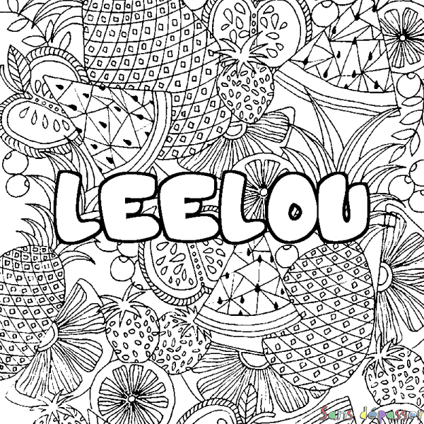 Coloriage pr&eacute;nom LEELOU - d&eacute;cor Mandala fruits