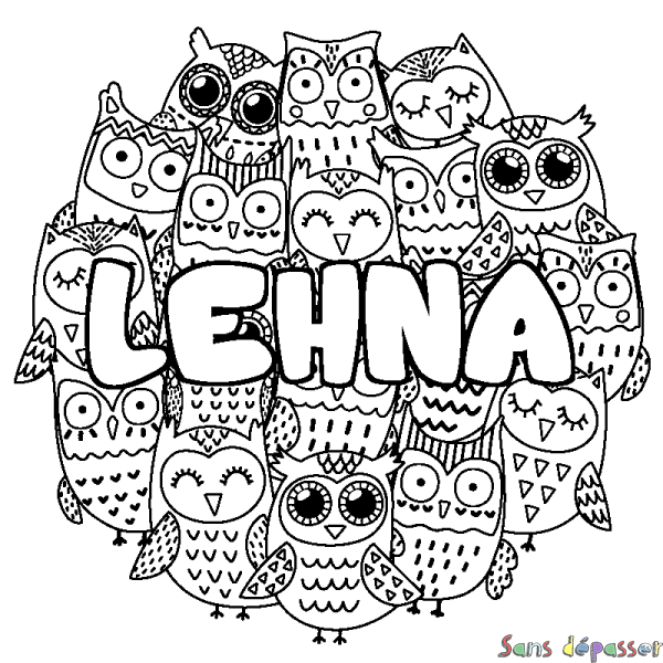 Coloriage pr&eacute;nom LEHNA - d&eacute;cor Chouettes