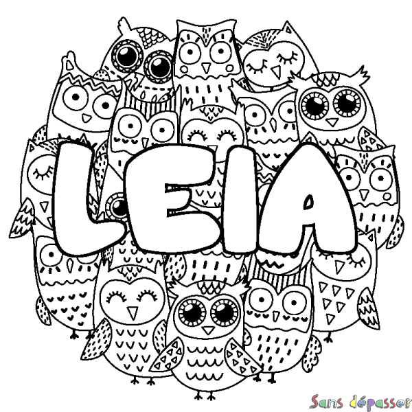 Coloriage pr&eacute;nom LEIA - d&eacute;cor Chouettes