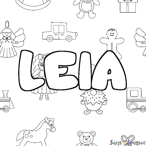 Coloriage pr&eacute;nom LEIA - d&eacute;cor Jouets